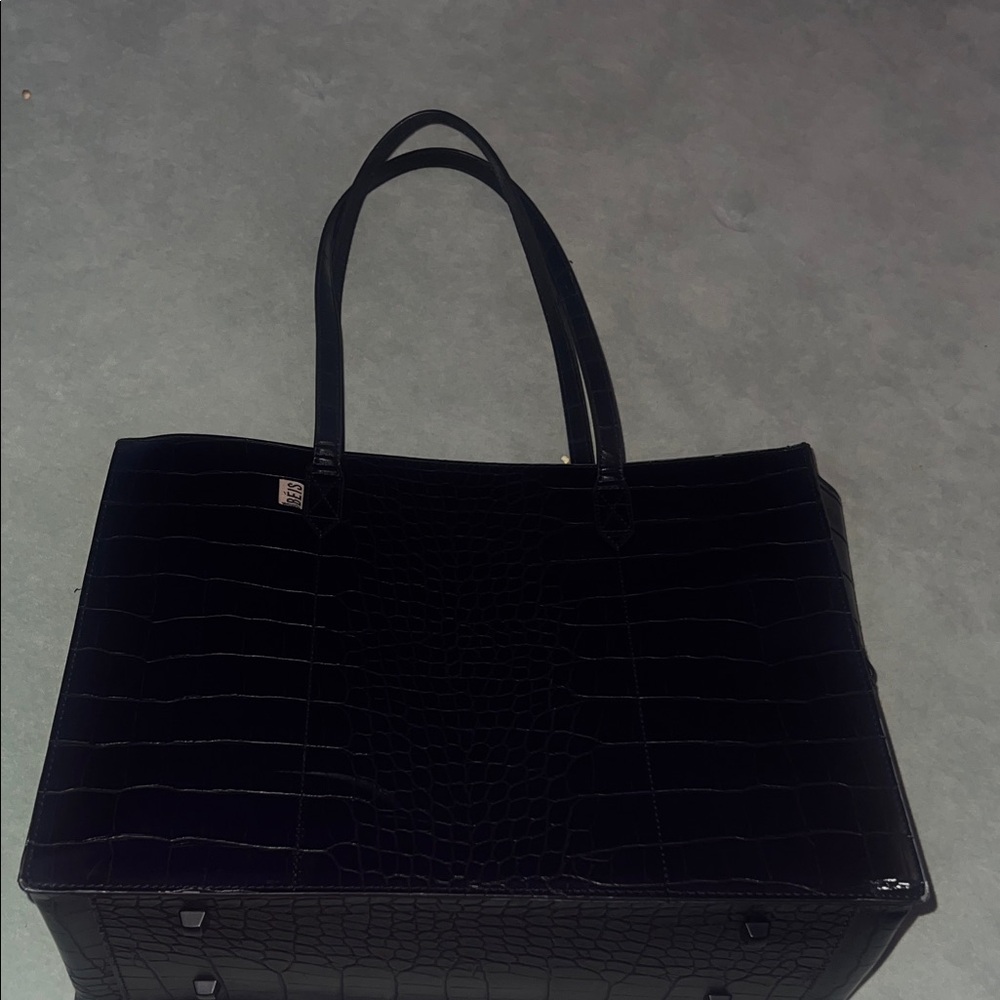 BEIS Black Crocodile-Embossed Tote work Bag